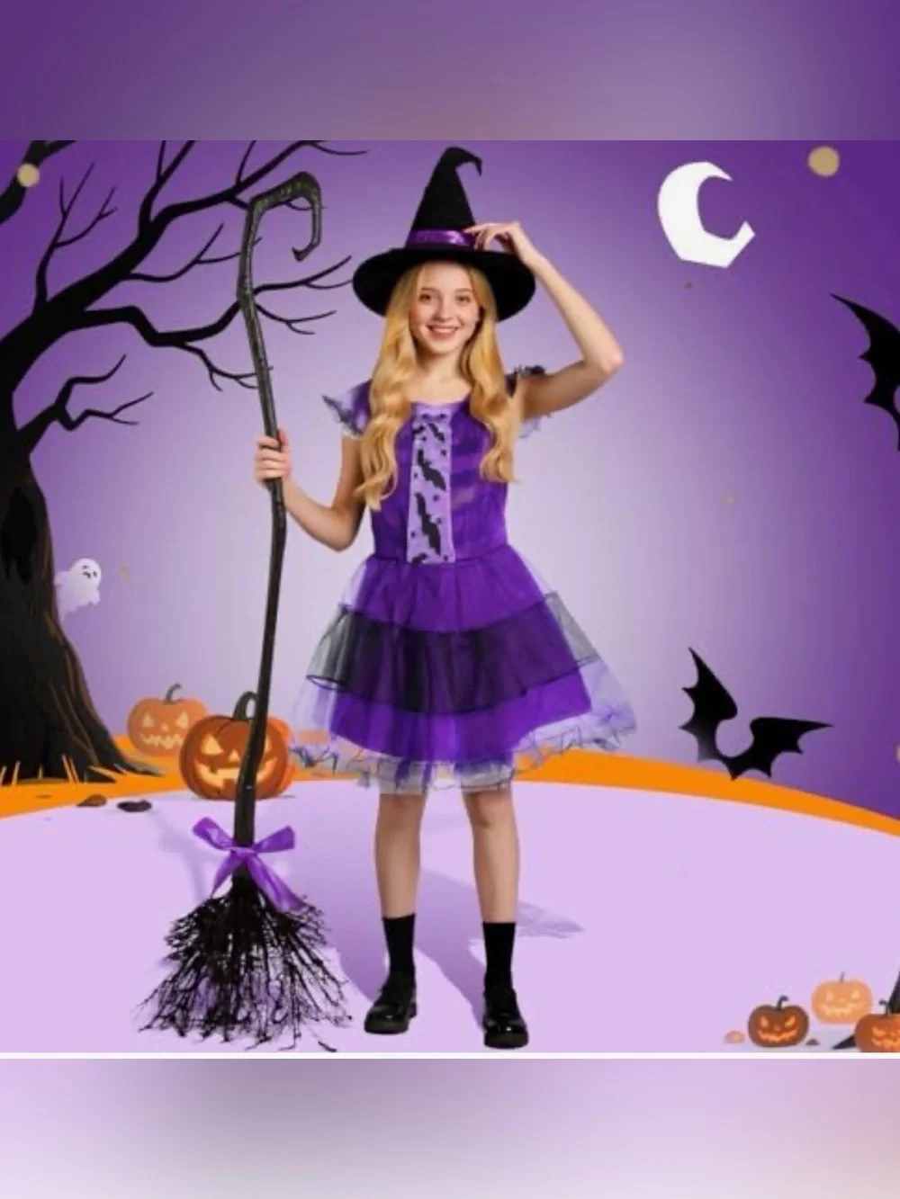 Witch Costume, Halloween Witch Dress with Broom for Girls 3+ 6 ageHalloween Co